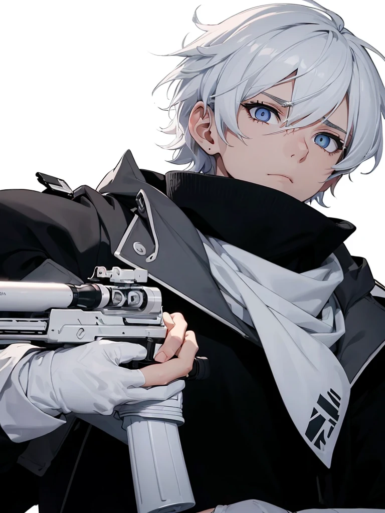 Boy with white hair;
shorth hair;
Messy hair;
eye white;
Some gun sight marks on the pupils;
wear black pants;
black jersey;
A white sweater;
A white scarf;
Snow white pupils The sniper is also white in color There&#39;s a white sniper on the back;


He is lying on the ground aiming with the sniper Right hands Symmetry Best quality No errors 

Sniper na mão 


((Faça ele segurar uma sniper branca simétrica sem erros e a mão segurando corretamente))


((Arma um pouco maior que o corpo))