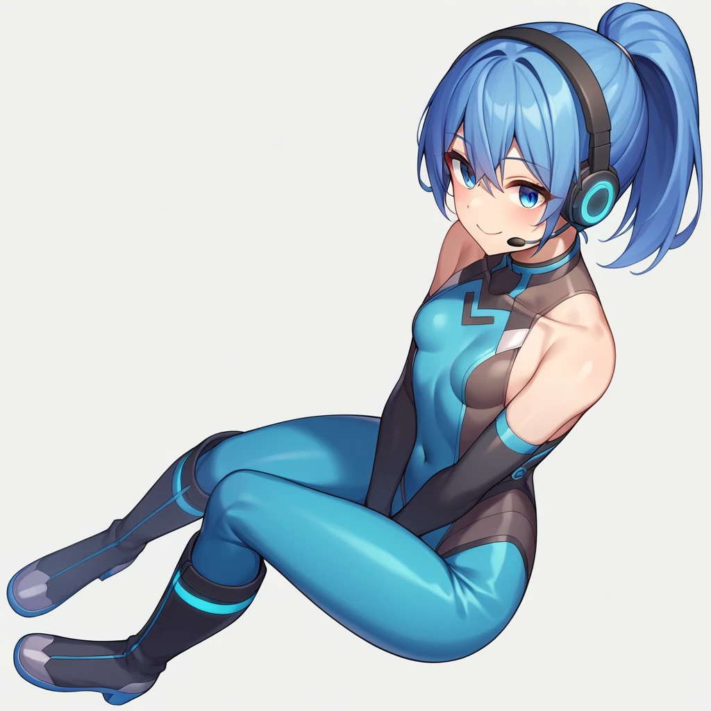 (masterpiece、Highest quality、Highest Resolution、Clear_image、Detailed details、The angle is from above): (A full-body view of a single girl with a Japanese face and small face、Navy blue high knot ponytail、Small breasts、Sparkling blue eyes、Pilot suit in white and navy blue colors、Tight fitting clothes、Clothing that covers the whole body、Tight Fit Pants、Hide your skin、Covering the thighs、Cover your shoulders、Very delicate and beautiful、Slim body、Cute、A gentle smile、Soft expression、heroine、headset、Knee-high boots、Elbow-length gloves)、（Simple Background、White background:1.5）