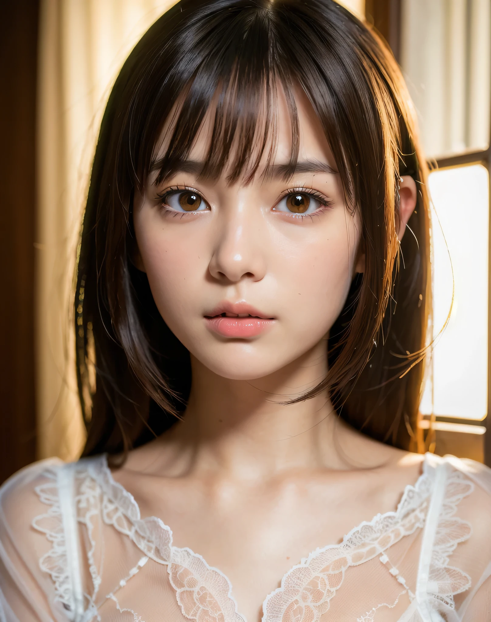 best quality, face focus, soft light, ultra high res, (photorealistic:1.4), RAW photo,
1japanese girl, solo, cute, (pupil, lights in the eyes),  detailed beautiful face, (small chest),(high resolution detail of human skin texture),
(long hair),
indoor,
Damask Shirt Dress,
(portrait)