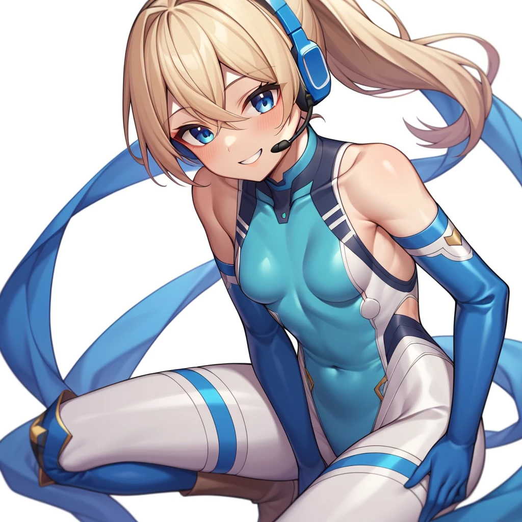 (masterpiece、Highest quality、Highest Resolution、Clear_image、Detailed details、The angle is from above): (A full-body view of a single girl with a Japanese face and small face、Navy blue high knot ponytail、Small breasts、Sparkling blue eyes、Pilot suit in white and navy blue colors、Tight fitting clothes、Clothing that covers the whole body、Tight Fit Pants、Hide your skin、Covering the thighs、Cover your shoulders、Very delicate and beautiful、Slim body、Cute、A gentle smile、Soft expression、heroine、headset、Knee-high boots、Elbow-length gloves)、（Simple Background、White background:1.5）