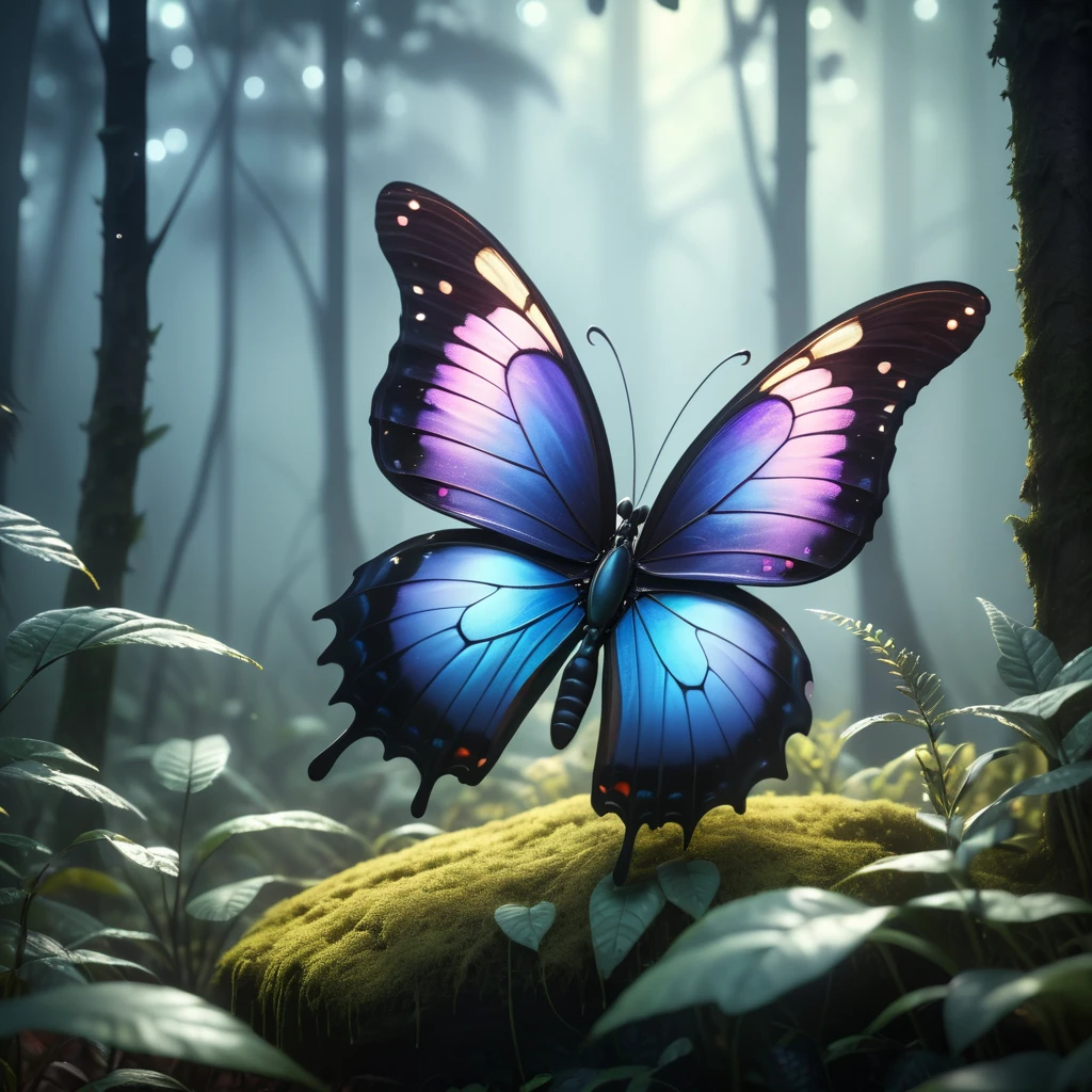 intricate butterfly, crying, torn wings, disney style, dark fantasy forest, detailed cinematic lighting, volumetric fog, moody colors, dramatic shadows, highly detailed, photorealistic, 8k, intricate details, beautiful butterfly tears, delicate textures, exquisite brushstrokes, masterpiece