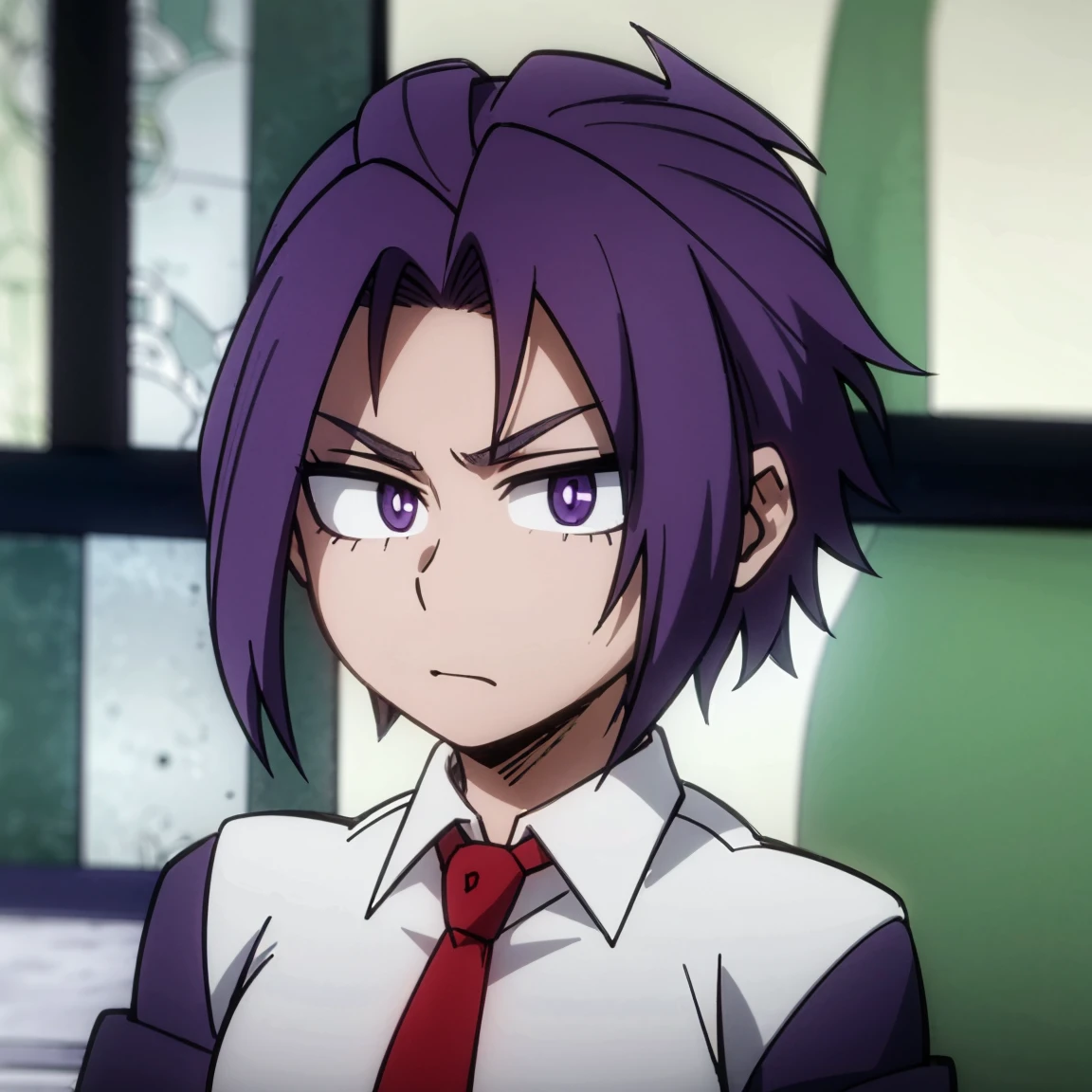 1boy, male focus, solo, muscular body, short hair, purple hair, amethyst eyes, gray jacket, red tie, white shirt, teal pants, mlparia, MHA Style, Manhwa style, anime style, perfect eyes, perfect face, model face, boy