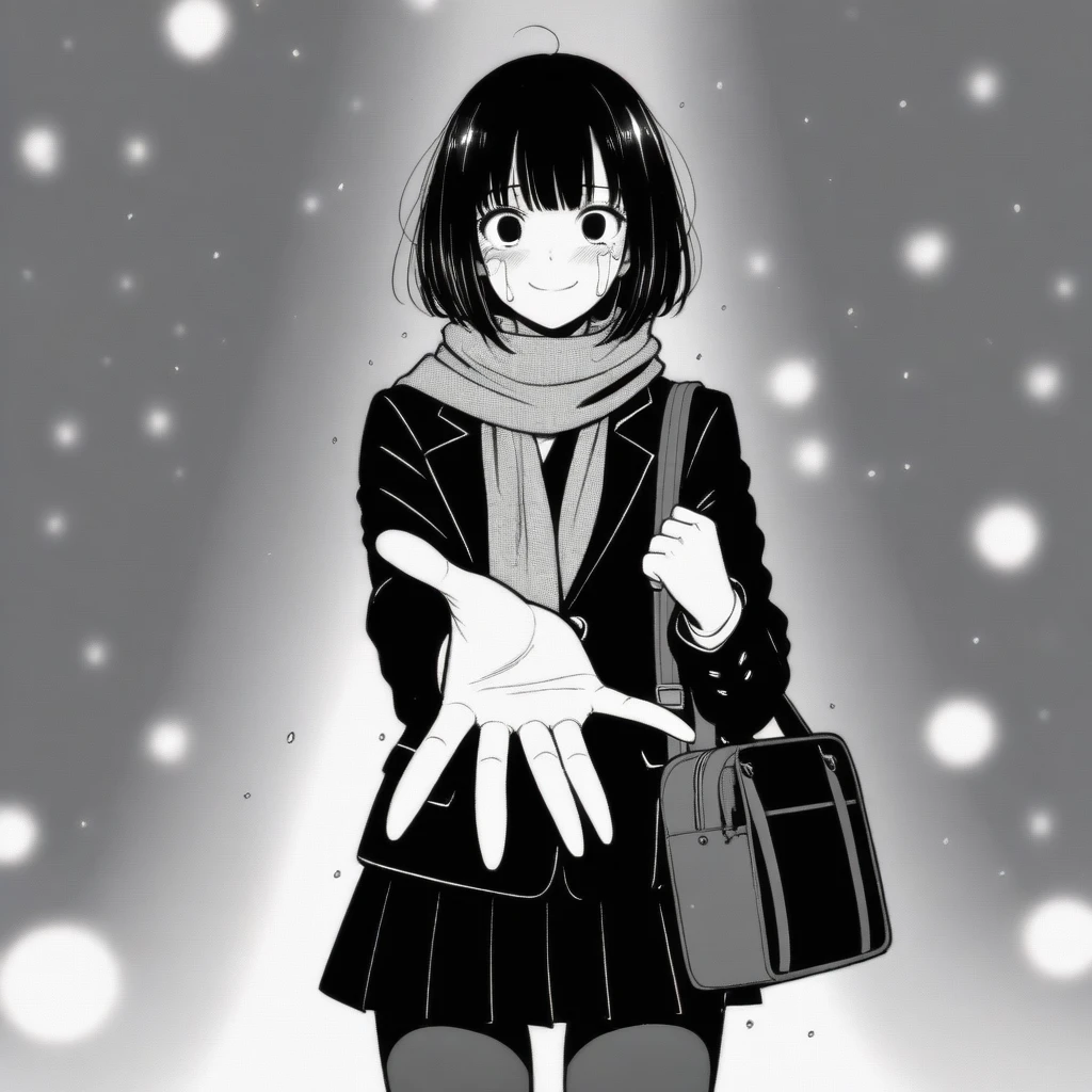 masterpiece, best quality, 1girl, mamerakkkkko, grayscale, manga style, japanese, chi no wadachi, black eyes, street, iced, black hair, schoolbag, smile, lineart, black coat, black scarf, black pleated skirt, leggins, centered, 30 years old:1.1, tall, fair skinned, bokeh background, crying, tears, tears streaming, bob cut, light particles, centered, snowing, (((reaching out left hand to viewer, perfect hand, detailed hand:1.1)), emotional anime scene