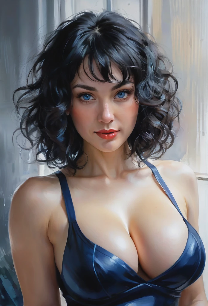 NSFW ((large breasts)) ((impressive cleavage)) epic realistic, redshift style Beautiful naughty/smile/shy/passionate angry; black hair,  wavy bob haircut, dark blue eyes, muscular, young model, V++++ria J++++ce, 35 years old, curly black color hair, Gorgeous Gouache and Watercolor Painting by Alyssa Monks; by Gaston Bussière; by Ruan Jia; by Pino Daeni; Urban Dystopia; Hyper Realism; Nightlight; Art station; Concept Art; Smooth; Sharp Focus;, (Masterpiece:1. 3), (best quality:1. 3), , (natural skin texture, hyperrealism, soft light, muted colors), background, rutkowski, rim light