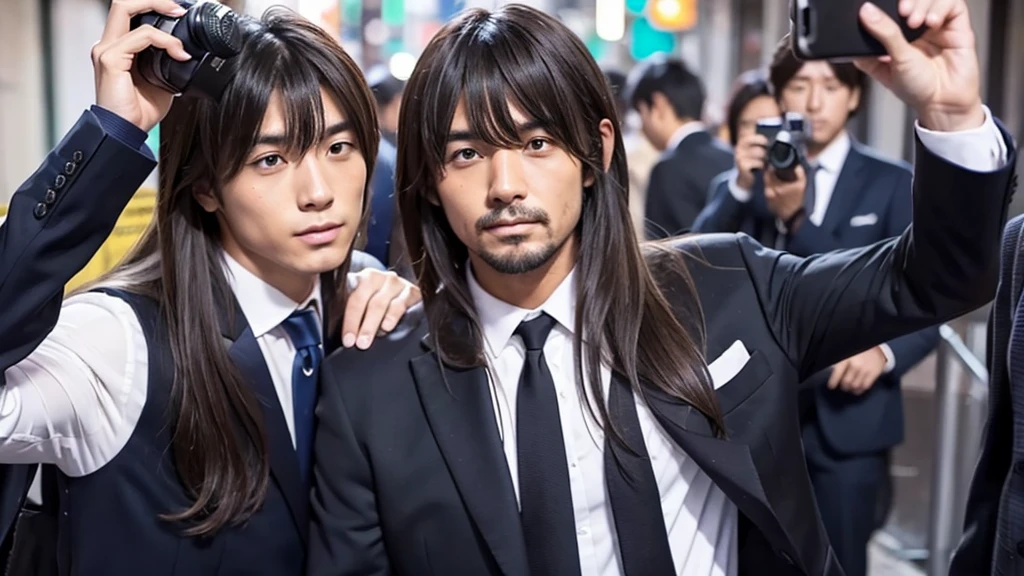 A man with bangs down and a man with long hair are taking a photo together, suit, Japanese