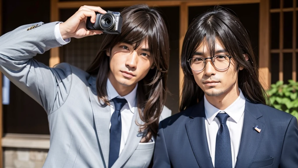 A man with bangs down and a man with long hair are taking a photo together, suit, Japanese