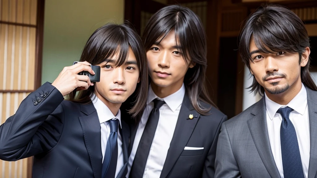 A man with bangs down and a man with long hair are taking a photo together, suit, Japanese