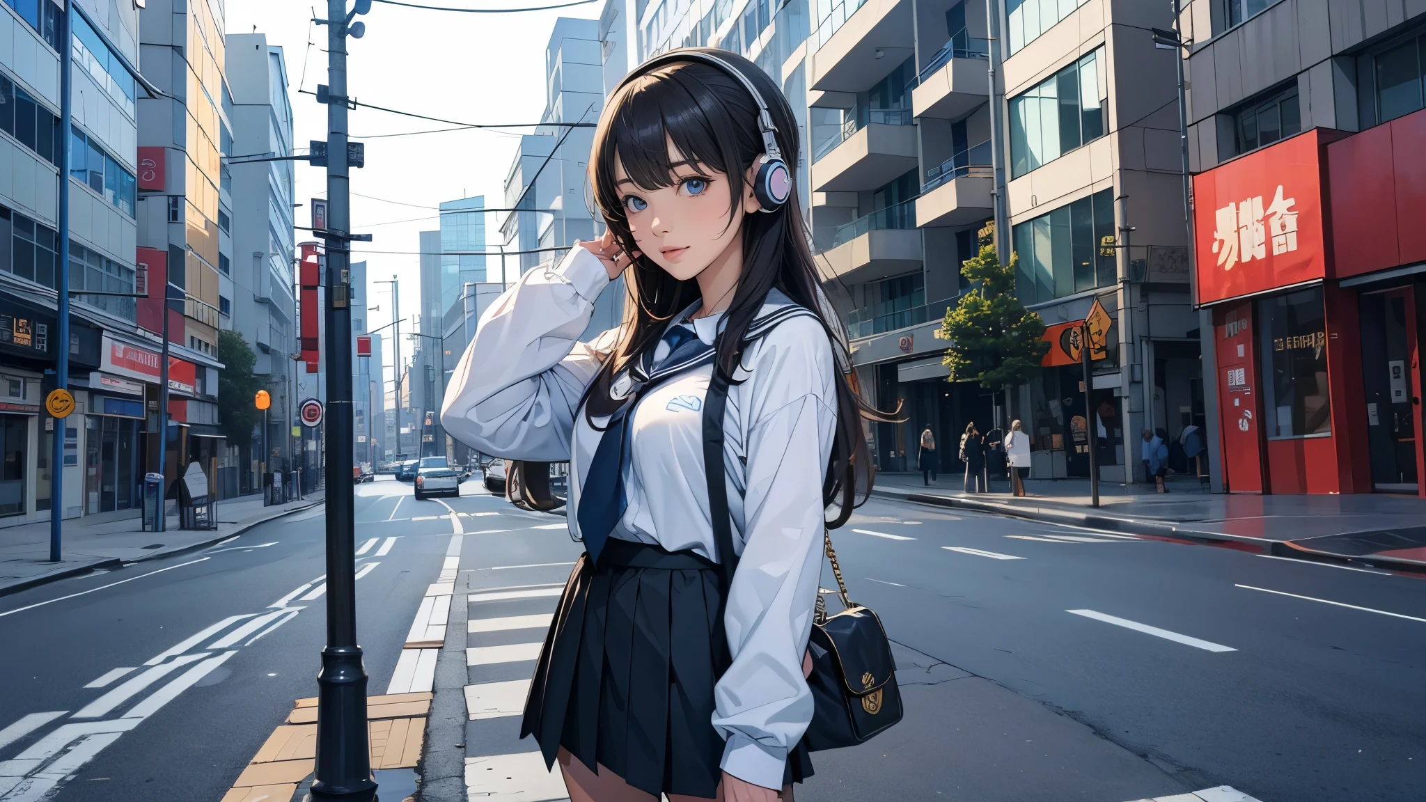 ultra HD、super high quality、masterpiece、detailed、8K、The location is on a quiet city street、Schoolgirl1Person listening to music on headphones、13-year-old junior high school student、The Russian has long black hair.、Has blue eyes、Has a glamorous figure、The clothes she's wearing are one-piece dresses.、Pretty sexy、Nostalgic and relaxing atmosphere、Midnight、Holding an umbrella、Rainy season、downpour、A business district lined with glittering neon buildings,evening、He has his hands on his headphones and his eyes closed、Retrospective color tone、A street with a retro atmosphere、evening、Short sleeve or long sleeve?AIDecide、The uniform designAIDecide