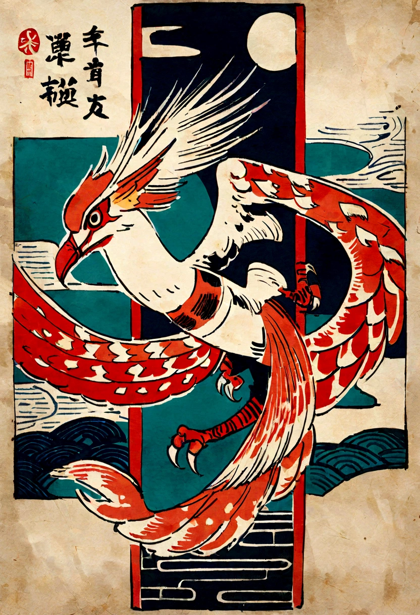 Symmetrical Phoenix Pattern,Ukiyo-e style,