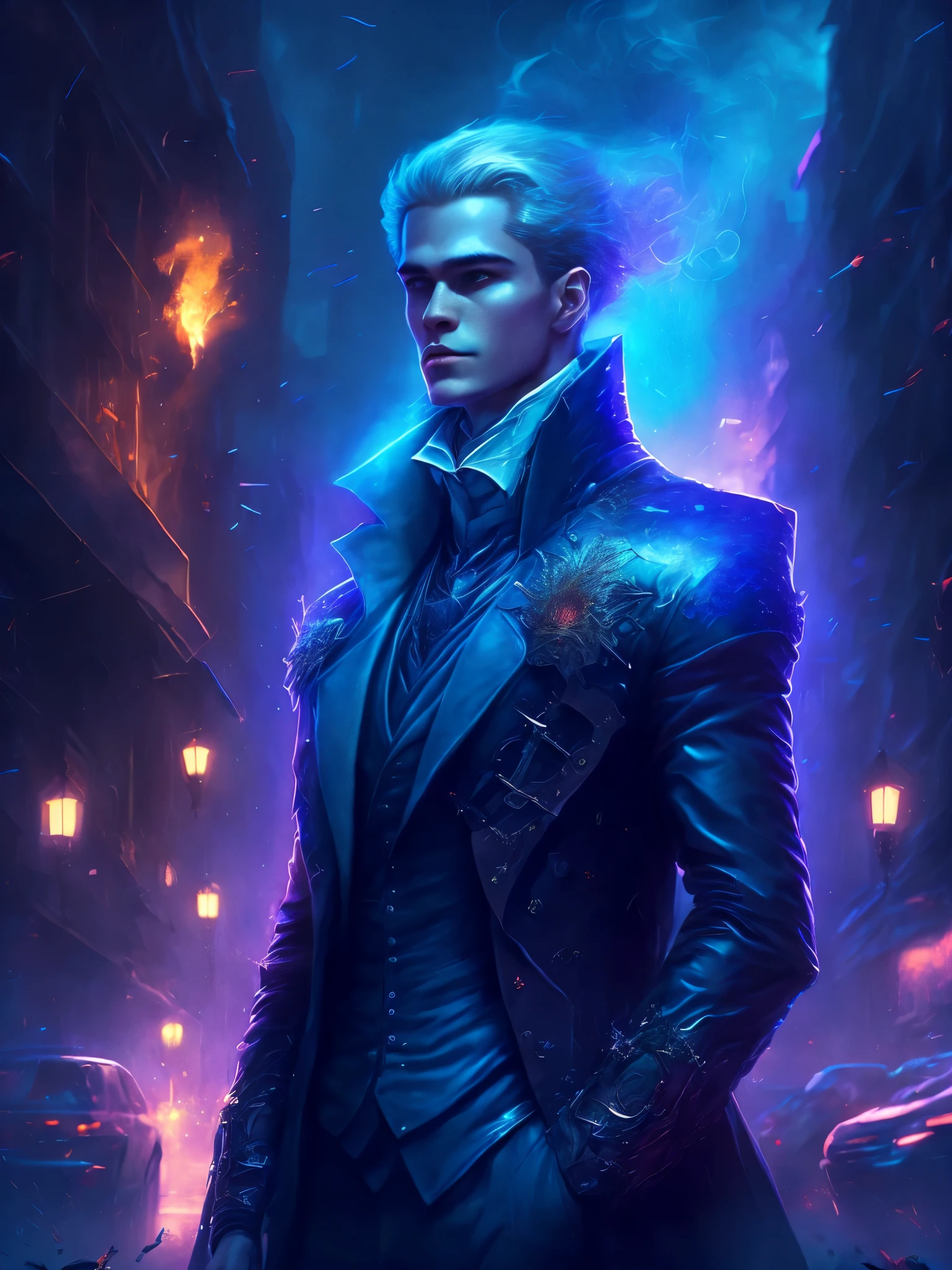 gloomy portrait of an aristocrat guy, the guy in the center stands tall, walks down the street, extremely detailed, futuristic cityscape, night, glowing neon lights, smoke, Sparks, metal shavings, flying debris, Blue Energy Effects, volumetric light, flying blood, burning eyes, blonde girl standing behind