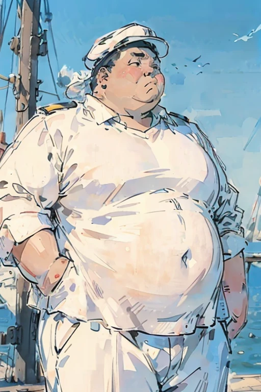 captain，White clothes and hat，overweight，obesity，on board，Look into the distance，