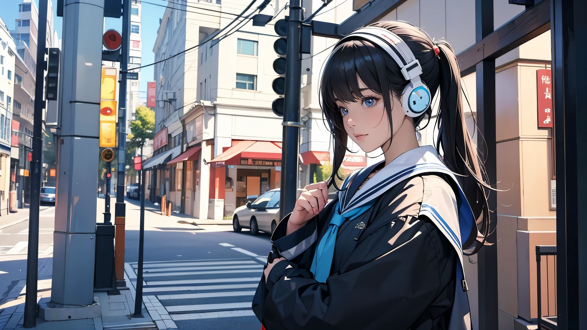 Ultra HD、super high quality、masterpiece、detailed、8K、The location is on a quiet city street、Schoolgirl１Person listening to music on headphones、-yeld hischool girl、そのロシア人で髪の毛は黒色のロング、Has blue eyes、Has a glamorous figure、The clothes she&#39;s wearing are one-piece dresses.、Pretty sexy、Nostalgic and relaxing atmosphere、Midnight、Holding an umbrella、Rainy season、downpour、A business district lined with glittering neon buildings