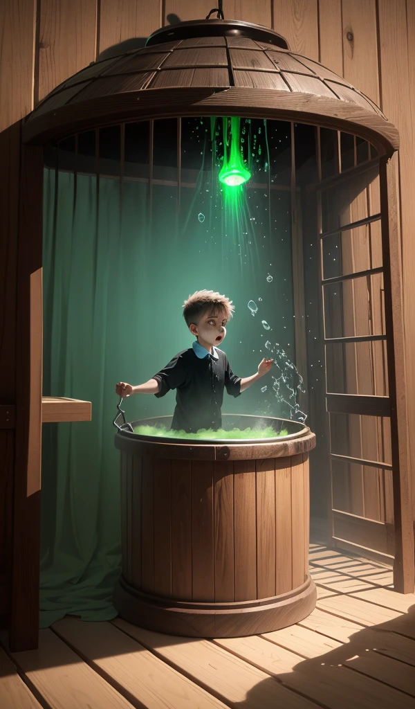 (anime, digital paint, boy trapped in a wooden cage, frightened expression, old woman stirring a bubbling cauldron, eerie green light illuminating the room, dark and ominous atmosphere with shadows dancing on the walls, sense of impending danger)