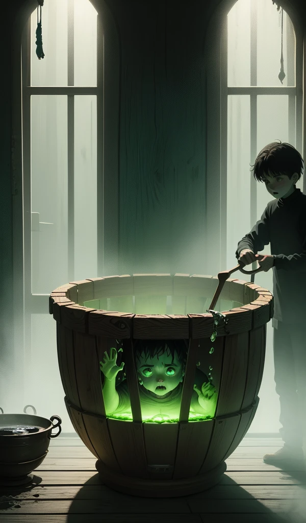 (anime, digital paint,  boy trapped in a wooden cage, frightened expression, old woman stirring a bubbling cauldron, eerie green light illuminating the room, dark and ominous atmosphere with shadows dancing on the walls, sense of impending danger)