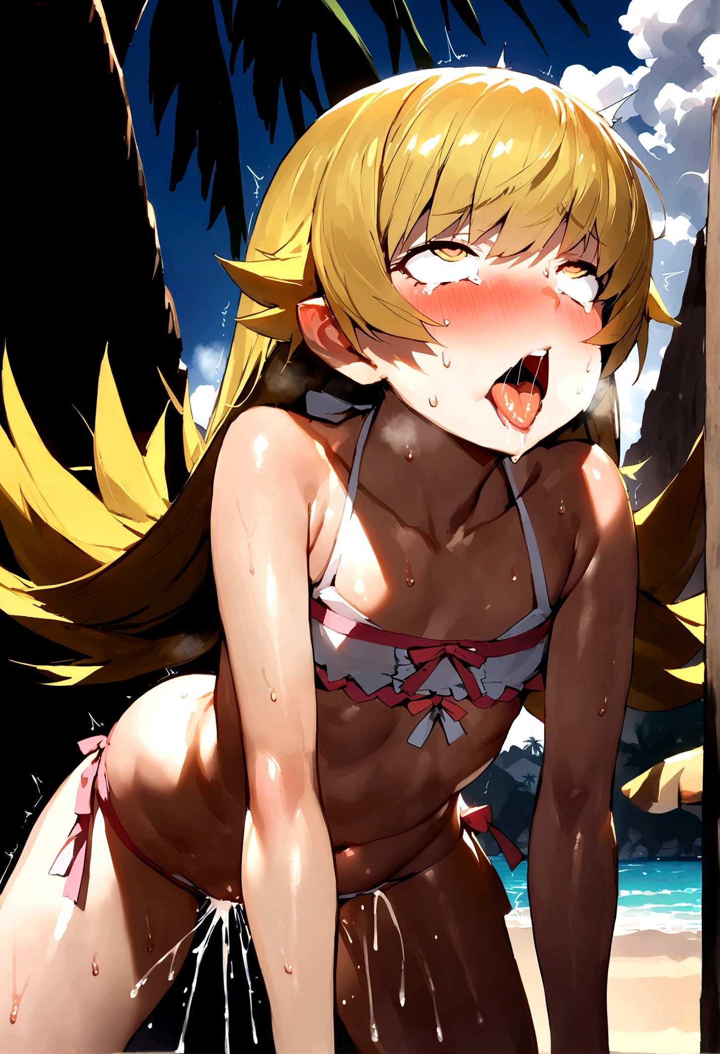 NSFW,masterpiece,Highest quality,High resolution,Super detailed,oshino shinobu \(Bakemonogatari\),Golden Eyes,Blonde,Long Hair,High quality sexy bikini,Daytime beach,Palm tree,(Oho face),Embarrassed,Estrus,fear,Sweat,blush,orgasm,Climax,(Squirting),(((Ahegao))),Roll your eyes、squint,(Middle-aged men),Having sex,rape,Creampie,