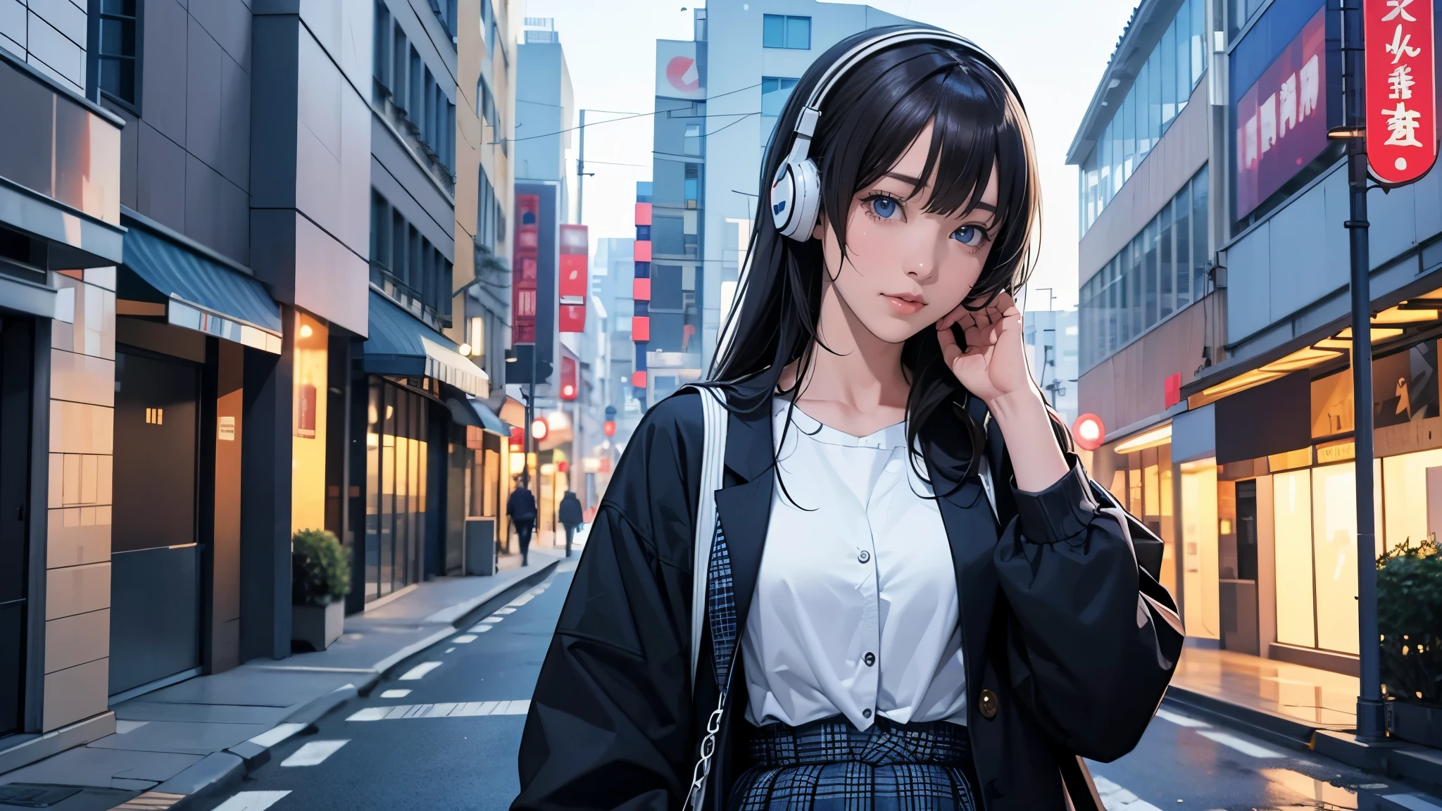 Ultra HD、super high quality、masterpiece、detailed、8K、The location is on a quiet city street、Schoolgirl１Person listening to music on headphones、-yeld hischool girl、そのロシア人で髪の毛は黒色のロング、Has blue eyes、Has a glamorous figure、The clothes she&#39;s wearing are one-piece dresses.、Pretty sexy、Nostalgic and relaxing atmosphere、Midnight、Holding an umbrella、Rainy season、downpour、A business district lined with glittering neon buildings