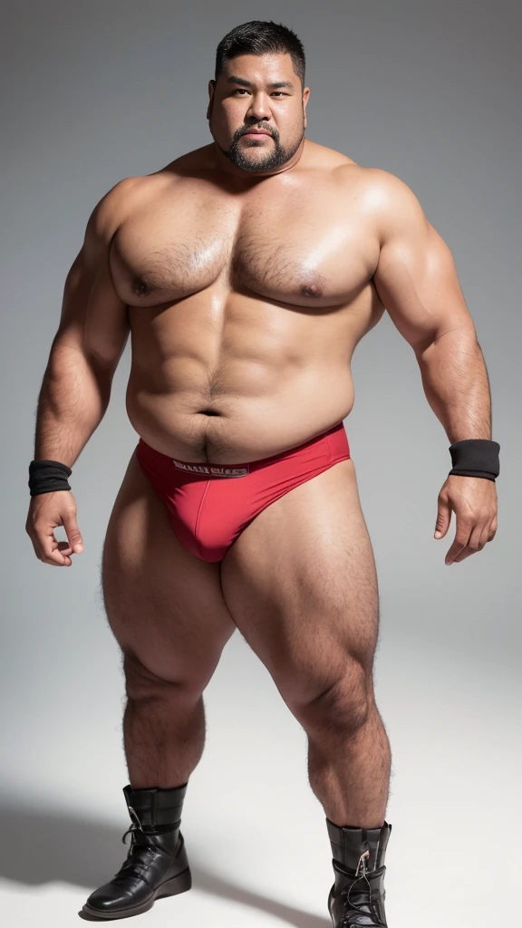 black hair, middle-aged man, individual, male, Muscular wrestler, muscular, Stout wrestler, Asian, Japanese, uncle, 55 year old middle-aged man, short hair, short hair, red wrestling boots, full body portrait, shadow, Vision, red briefs, obesity, 45 years old, short beard, middle-aged man, tattoo, fingerless gloves, Wheat skin, shiny skin, dark skin, Show your pectoral muscles, sumo wrestler, bodybuilder, wide temples, Visible abdominal muscles, Smile, Fine hands, solid color background, pure white background, Surrealism, Panorama, 8k, super detail，