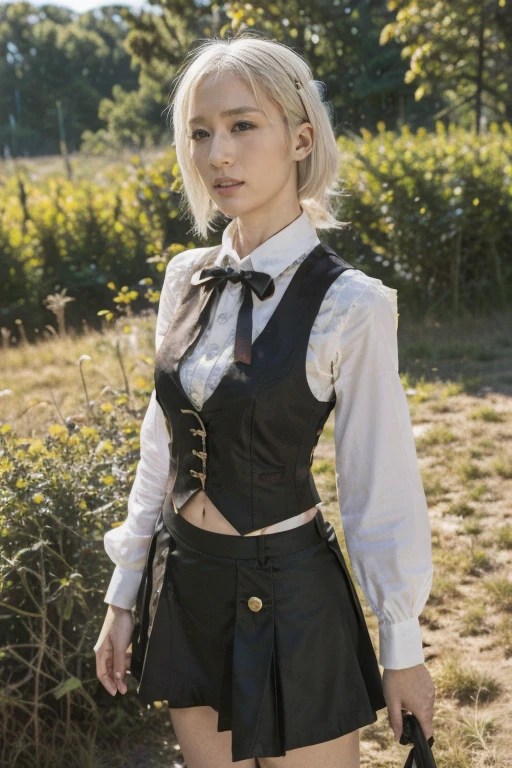 Girls, White hair, short hair, Yellow Eyed, Small Breasts, Cat hair ornaments, Side lock, White hair, Shiny hair, , (Golden Eyes: 1.2), (There are two long triangle extensions on the skirt, Abdominal vest), White buttons for vest corset, (Wear a short-sleeved striped shirt under the vest), (The sleeves end close to the arms), (There is a thick black ribbon around the neck), ( Magenta skirt),