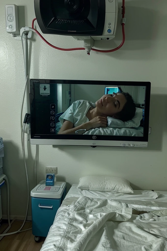 low quality for phone and post a picture monitor icu in hospital room upper bed and pov from sleep in the bed