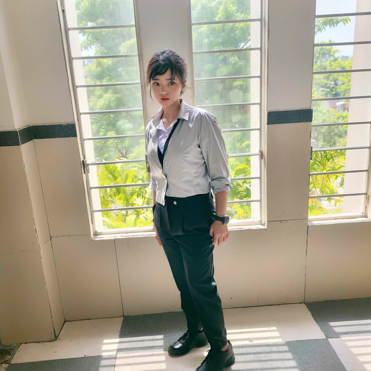 (Best quality, 8k, 32k, Masterpiece, UHD:1.2), 1girl, beautiy Japanese woman, narrow waist, grey suit, open jacket, office lady, suit, pants, from behind, office room, desk, (stick out one's buttocks:1.2), detailed face, short hair, from below, raise one leg