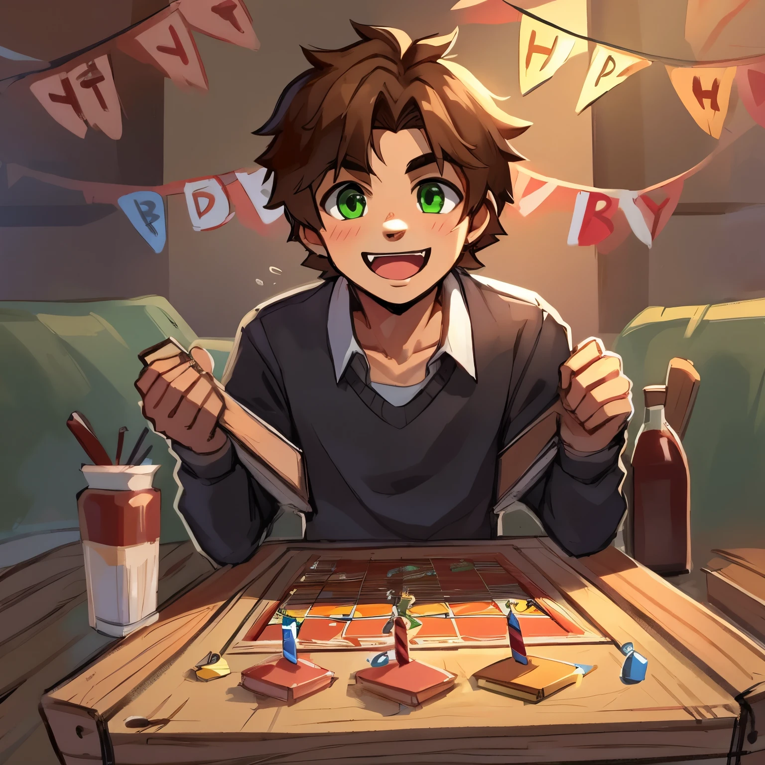 20 year old man with green eyes brown hair celebrating his birthday playing board games