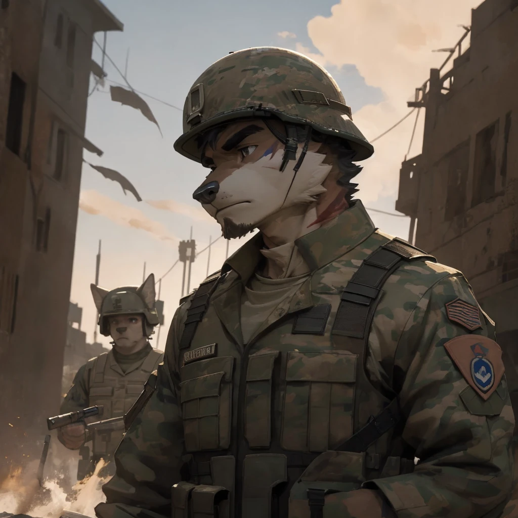 Male, male focus, Wolf, black fur, white fur, short hair, black hair, red heart stripes on his hair, 20 years old, tank, military helmet, armored military uniform, dramatic effect, dramatic light, shadow, shade, higlight, high quality, high details, High detailed image, high quality image, Very detailed shadows, high detail shadows, battlefield