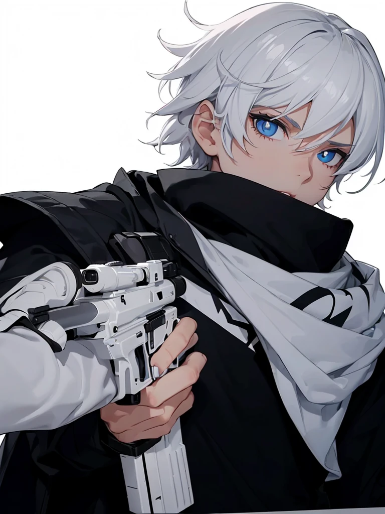 Boy with white hair;
shorth hair;
Messy hair;
eye white;
Some gun sight marks on the pupils;
wear black pants;
black jersey;
A white sweater;
A white scarf;
Snow white pupils The sniper is also white in color There's a white sniper on the back;
He is lying on the ground aiming with the sniper Right hands Symmetry Best quality No errors
Sniper na mão
((Faça ele segurar uma sniper branca simétrica sem erros e a mão segurando corretamente))
((Arma um pouco maior que o corpo))