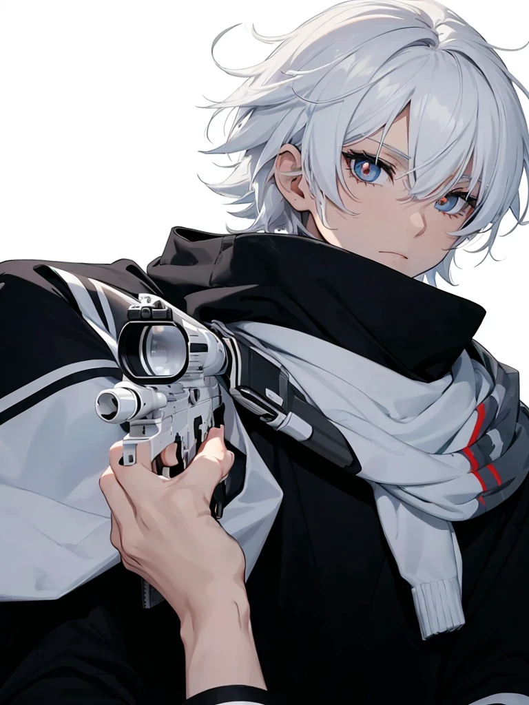 Boy with white hair;
shorth hair;
Messy hair;
eye white;
Some gun sight marks on the pupils;
wear black pants;
black jersey;
A white sweater;
A white scarf;
Snow white pupils The sniper is also white in color There's a white sniper on the back;
He is lying on the ground aiming with the sniper Right hands Symmetry Best quality No errors
Sniper na mão
((Faça ele segurar uma sniper branca simétrica sem erros e a mão segurando corretamente))
((Arma um pouco maior que o corpo))