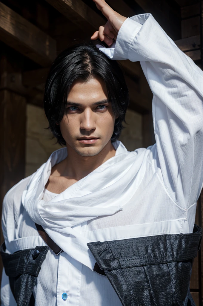 black hair, blue eyes, fantasy rpg, man, white cloth clothing, darkness