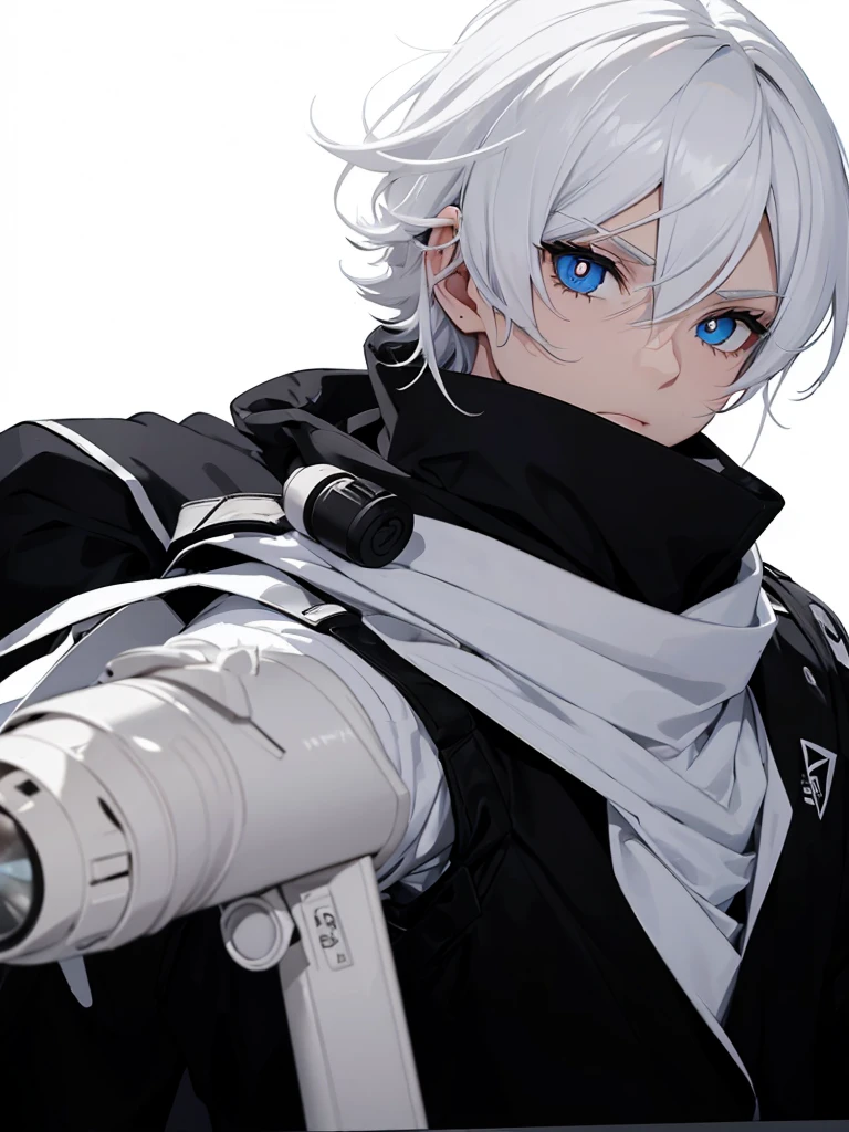 Boy with white hair;
shorth hair;
Messy hair;
eye white;
Some gun sight marks on the pupils;
wear black pants;
black jersey;
A white sweater;
A white scarf;
Snow white pupils The sniper is also white in color There&#39;s a white sniper on the back;


He is lying on the ground aiming with the sniper Right hands Symmetry Best quality No errors 

Sniper na mão 


((Faça ele segurar uma sniper branca simétrica sem erros e a mão segurando corretamente))


((Arma um pouco maior que o corpo))