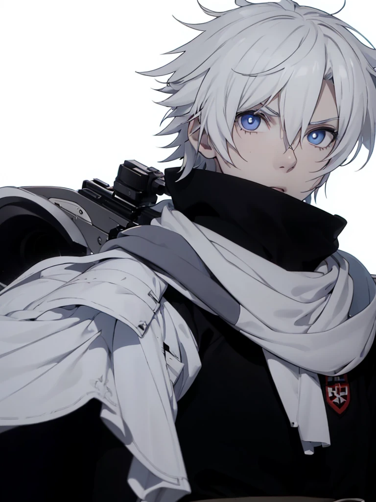 Boy with white hair;
shorth hair;
Messy hair;
eye white;
Some gun sight marks on the pupils;
wear black pants;
black jersey;
A white sweater;
A white scarf;
Snow white pupils The sniper is also white in color There&#39;s a white sniper on the back;


He is lying on the ground aiming with the sniper Right hands Symmetry Best quality No errors 

Sniper na mão 


((Faça ele segurar uma sniper branca simétrica sem erros e a mão segurando corretamente))


((Arma um pouco maior que o corpo))