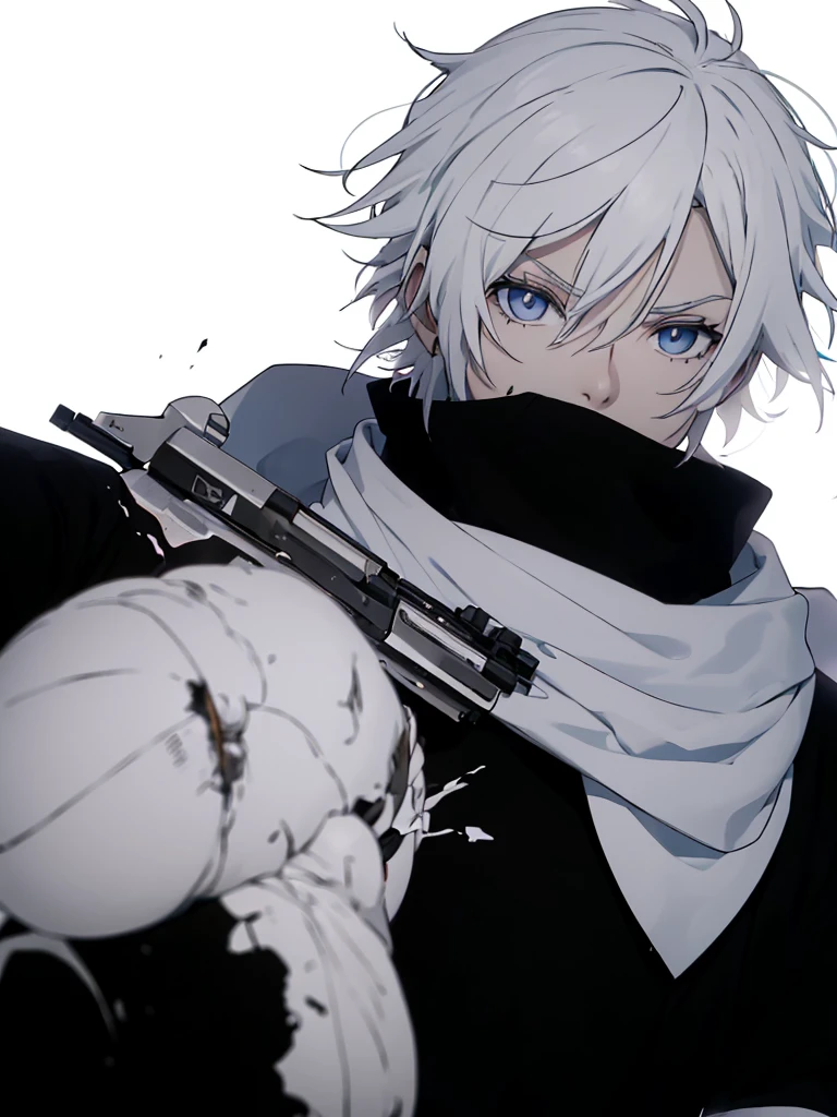 Boy with white hair;
shorth hair;
Messy hair;
eye white;
Some gun sight marks on the pupils;
wear black pants;
black jersey;
A white sweater;
A white scarf;
Snow white pupils The sniper is also white in color There's a white sniper on the back;
He is lying on the ground aiming with the sniper Right hands Symmetry Best quality No errors
Sniper na mão
((Faça ele segurar uma sniper branca simétrica sem erros e a mão segurando corretamente))
((Arma um pouco maior que o corpo))