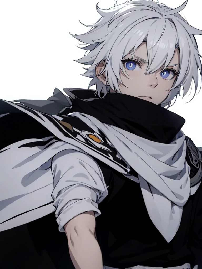 Boy with white hair;
shorth hair;
Messy hair;
eye white;
Some gun sight marks on the pupils;
wear black pants;
black jersey;
A white sweater;
A white scarf;
Snow white pupils The sniper is also white in color There&#39;s a white sniper on the back;


He is lying on the ground aiming with the sniper Right hands Symmetry Best quality No errors 

Sniper na mão 


((Faça ele segurar uma sniper branca simétrica sem erros e a mão segurando corretamente))


((Arma um pouco maior que o corpo))