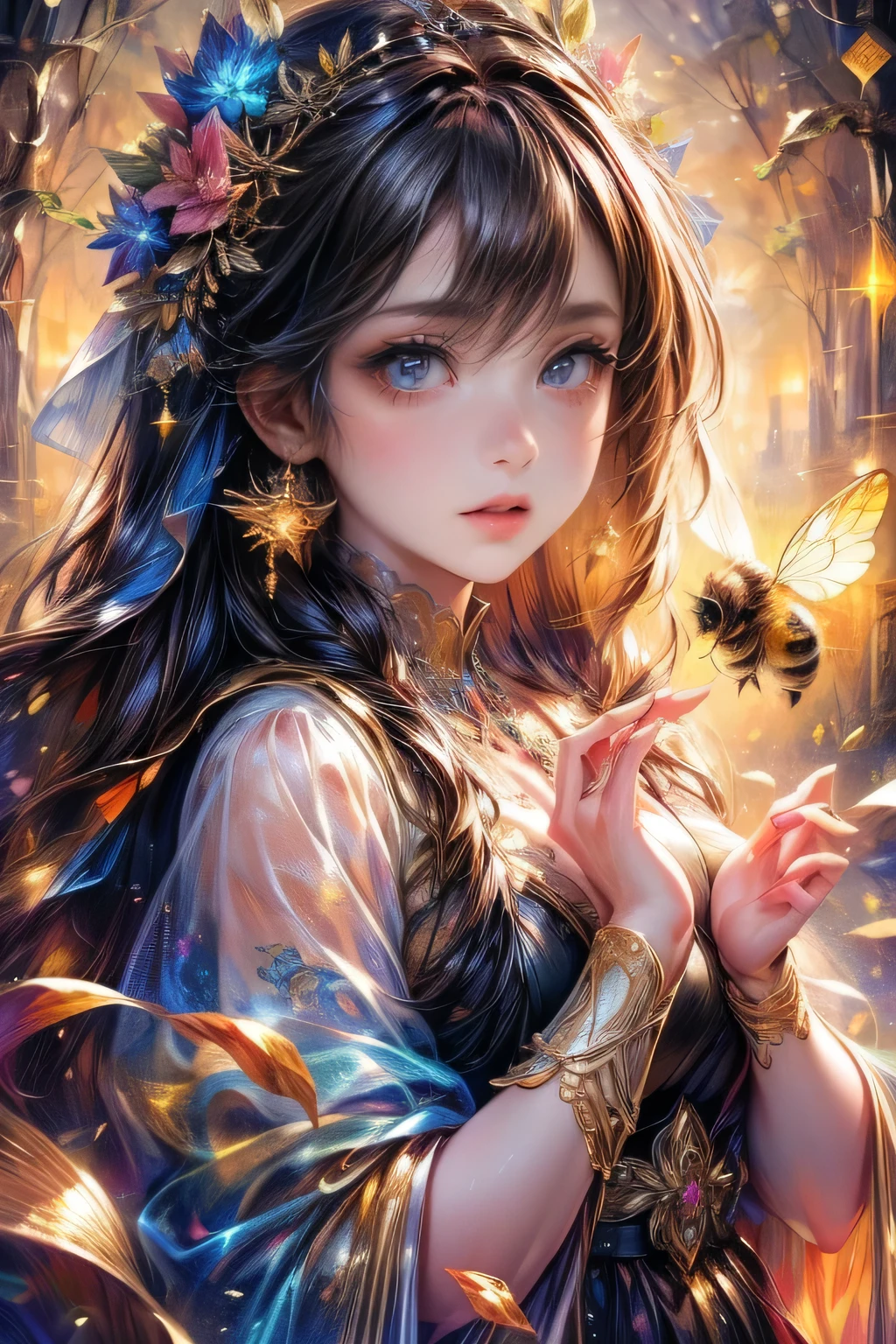 beautiful young girl(chibi:1.3), queen bee spirit, garden, surrounded by worker bees, (highest quality,16k,highres,masterpiece:1.2),ultra-detailed,(ultra-realistic,photorealistic:1.37),extremely detailed eyes and face, longeyelashes, elegant intricate dress, beautiful detailed lips, beautiful detailed eyes, graceful poses, vibrant colors, dramatic lighting, cinematic composition, fantasy art, digital painting