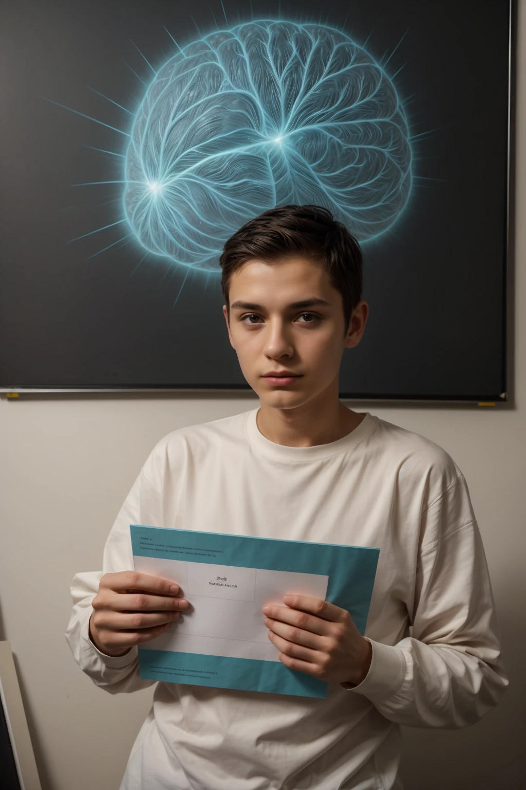 A beautiful young male twink, cute, with black hair, a face with reddish make-up, wearing a bright white long-sleeved shirt and aqua blue pants. He is in his office, and behind him is a blackboard on which is written the shape of the brain and its anatomy, from which nuclear energy emerges, and in his hand is a paper sheet with manuscripts on it.  The phrase “The Greatest Mind.”