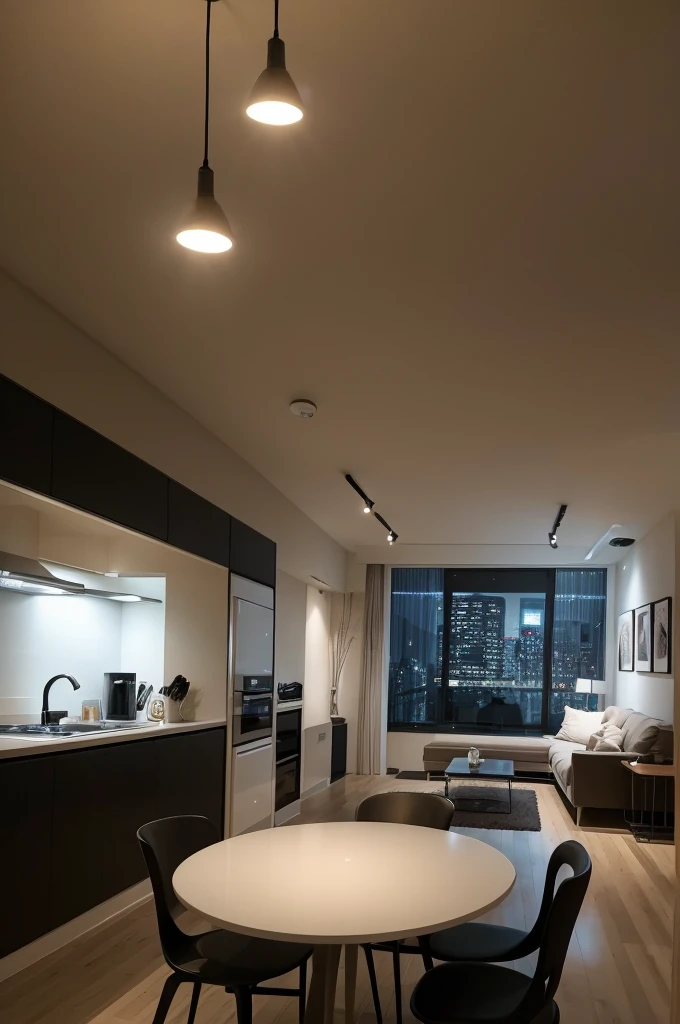 プロンプト: The interior of a modern apartment, lights flickering ominously. High resolution, 9:16 aspect ratio, close-up on the flickering lightbulb, creating a sense of unease.