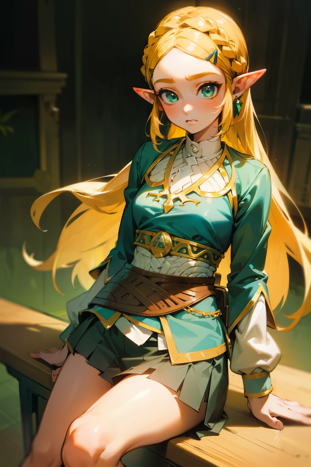 (masterpiece, high quality) 1 girl, Princess zelda, aazelda, long hair, crown braid, hairclip, pointy ears, blonde, sitted on a school desk, pleated skirt, white blouse, green tie, high socks, angry, detailed eyes, detailed skin