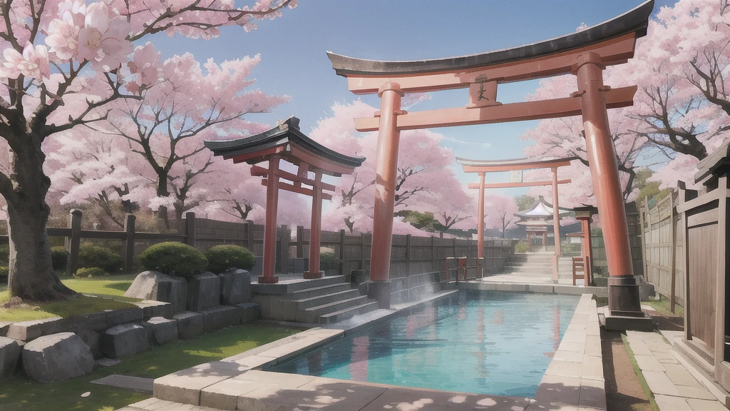 There is an open-air bath behind the shrine. Lots of steam, torii gate, cherry blossom tree, background only