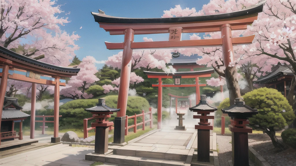 There is an open-air bath behind the shrine. Lots of steam, torii gate, cherry blossom tree, background only