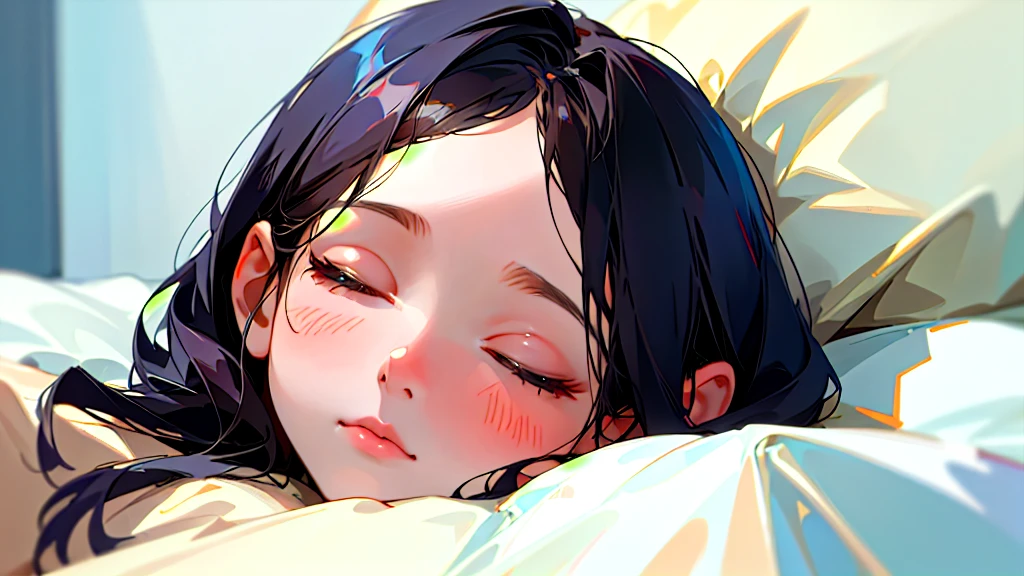 (Highest quality, masterpiece, Ultra-realistic), Beautiful and delicate１５Year-old girl portrait,, The background is my bedroom at home.、Sleeping with a calm expression、Midnight、It&#39;s pitch black in the room.、It&#39;s raining outside、Rainy season、It's dark outside