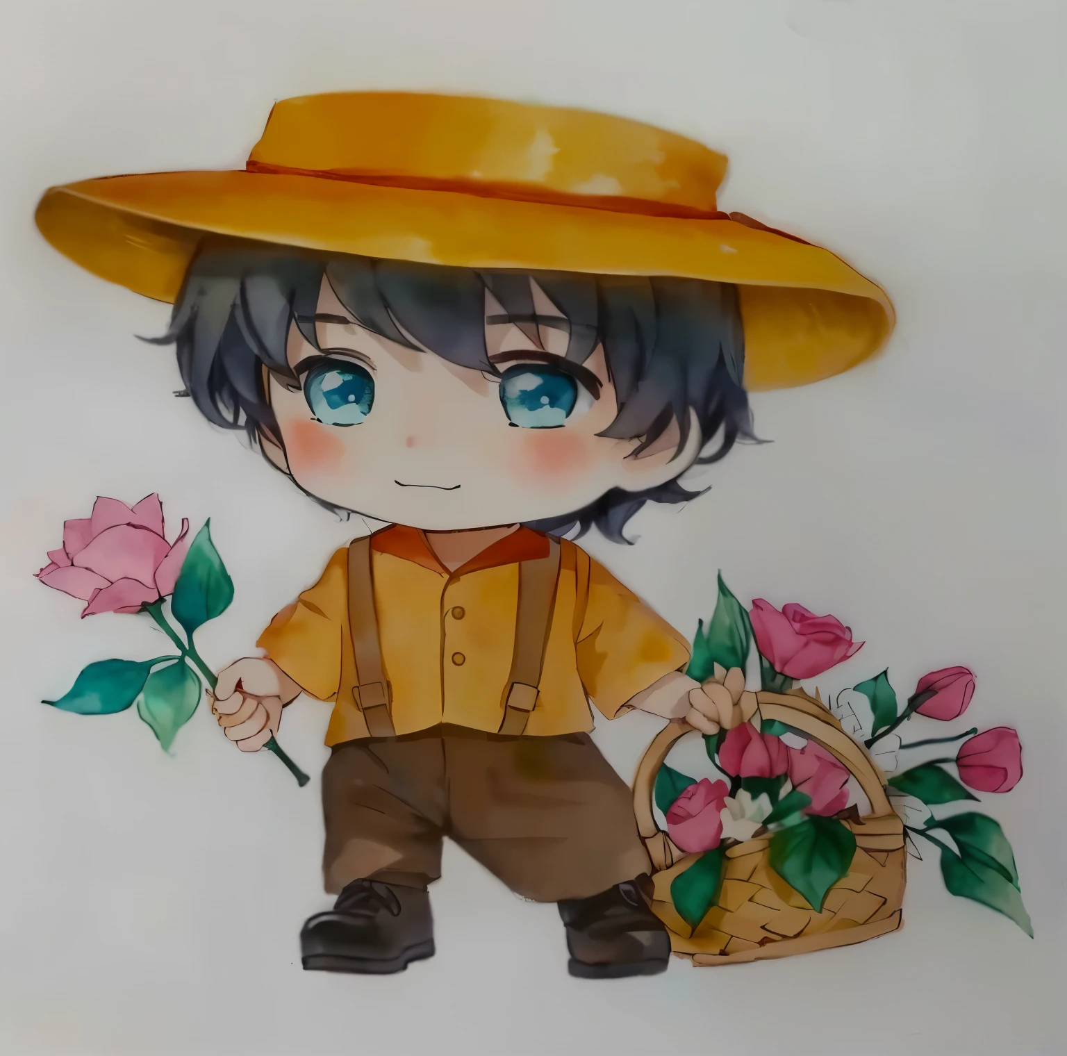 drawing of a boy holding a basket of flowers and a flower, the flower prince, official fanart, Holding flowers, Holding flowers mágicas, watercolor nendoroid, with flowers, carrying flowers, high quality fanart, full-length portrait of a short!, 🍁 cute, holding a flower, chibi art, spring day, picking up a flower, cute boy