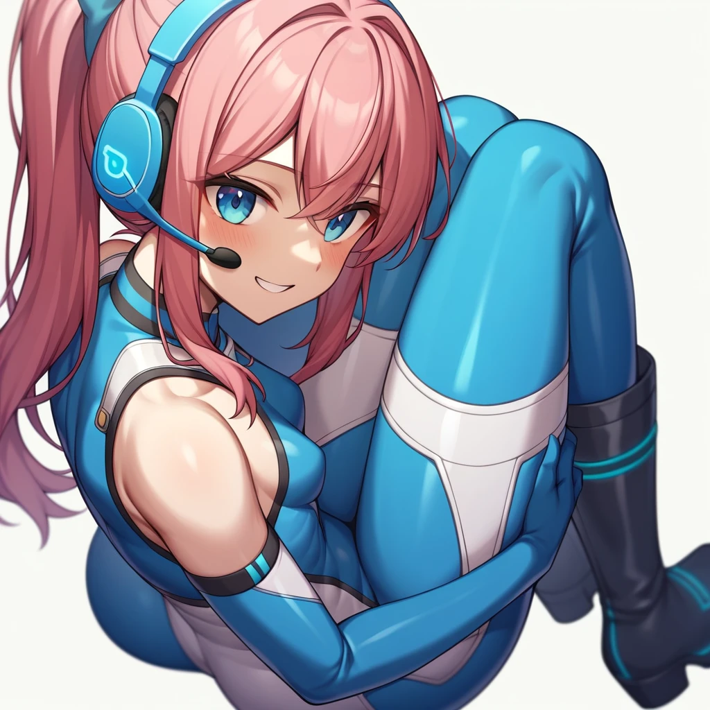 (masterpiece、Highest quality、Highest Resolution、Clear_image、Detailed details、The angle is from above): (A full-body view of a single girl with a Japanese face and small face、Navy blue high knot ponytail、Small breasts、Sparkling blue eyes、Pilot suit in white and navy blue colors、Tight fitting clothes、Clothing that covers the whole body、Tight Fit Pants、Hide your skin、Covering the thighs、Cover your shoulders、Very delicate and beautiful、Slim body、Cute、A gentle smile、Soft expression、heroine、headset、Knee-high boots、Elbow-length gloves)、(Simple Background、White background:1.5)