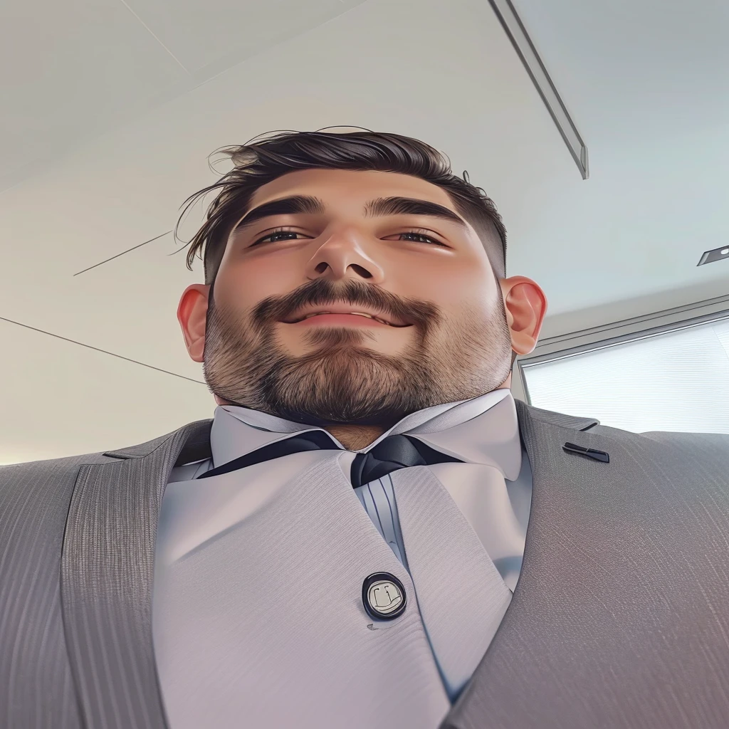 there is a man with a beard and a suit and tie, selfie of a man, wearing a suit and a tie, wearing suit and tie, wearing a suit and tie, wearing a shirt with a tie, looking up at camera, suit and tie, wearing business suit, in the office, in his suit, he is wearing a suit, 8k selfie photograph
