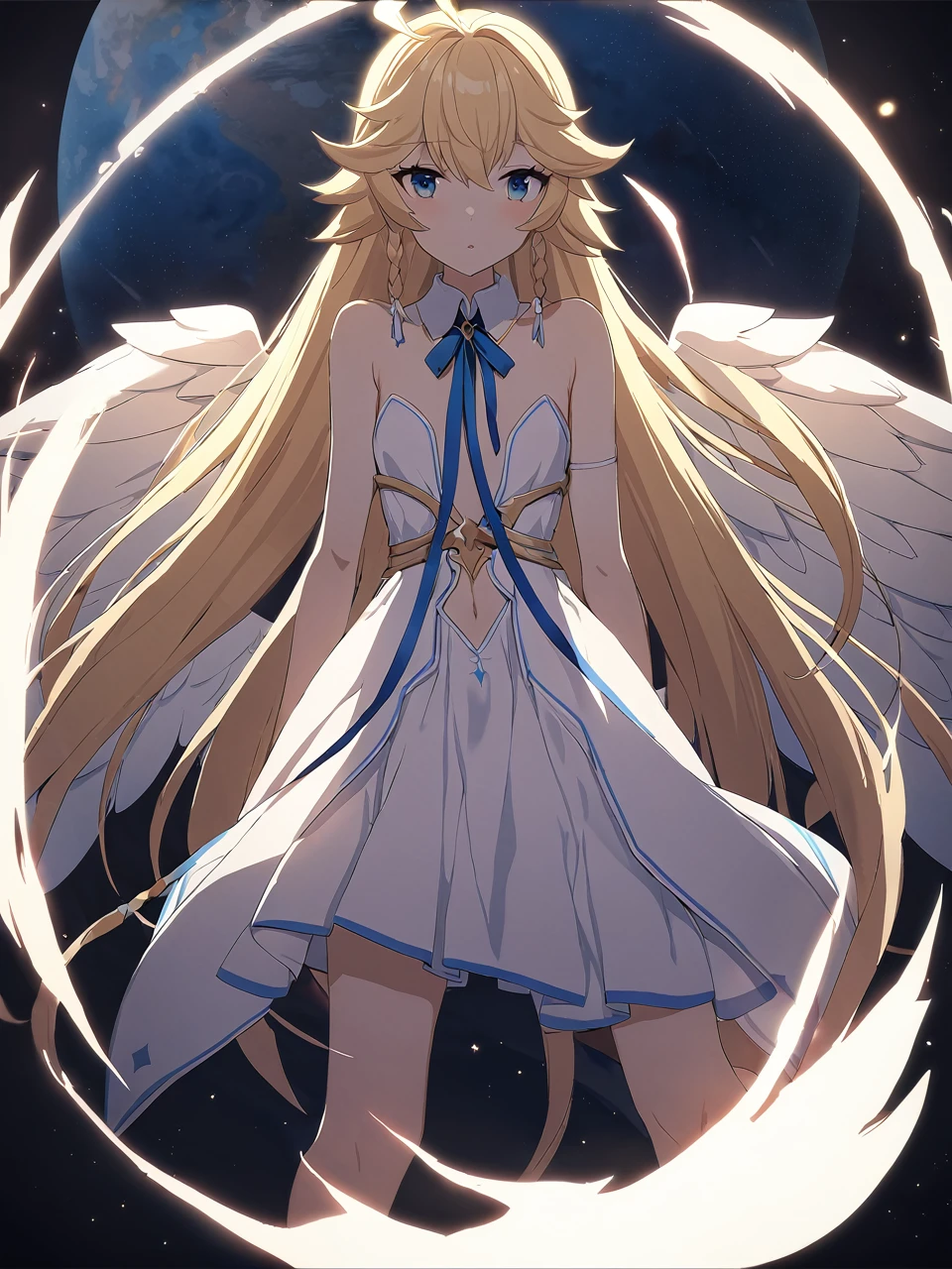 Zaora, blue eyes, (Variegated eyes:0.5), Blonde, Very long hair, Twin Blade, bangs, Ahoge, Hello, Angel, Flat Chest, White Dress, Belly button cutout, Detachable collar, Strapless, Neck ribbon, Bare shoulders, Angel wings, barefoot, One girl, Solo Break Space, planet, Depth of written boundary, Cinematic, masterpiece, Highest quality, Game CG
 