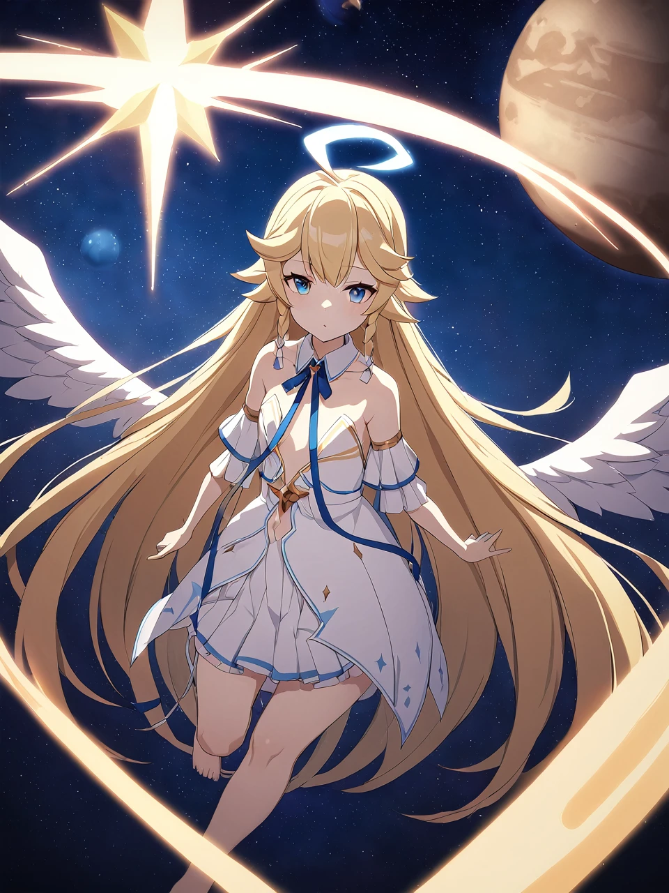 Zaora, blue eyes, (Variegated eyes:0.5), Blonde, Very long hair, Twin Blade, bangs, Ahoge, Hello, Angel, Flat Chest, White Dress, Belly button cutout, Detachable collar, Strapless, Neck ribbon, Bare shoulders, Angel wings, barefoot, One girl, Solo Break Space, planet, Depth of written boundary, Cinematic, masterpiece, Highest quality, Game CG
 