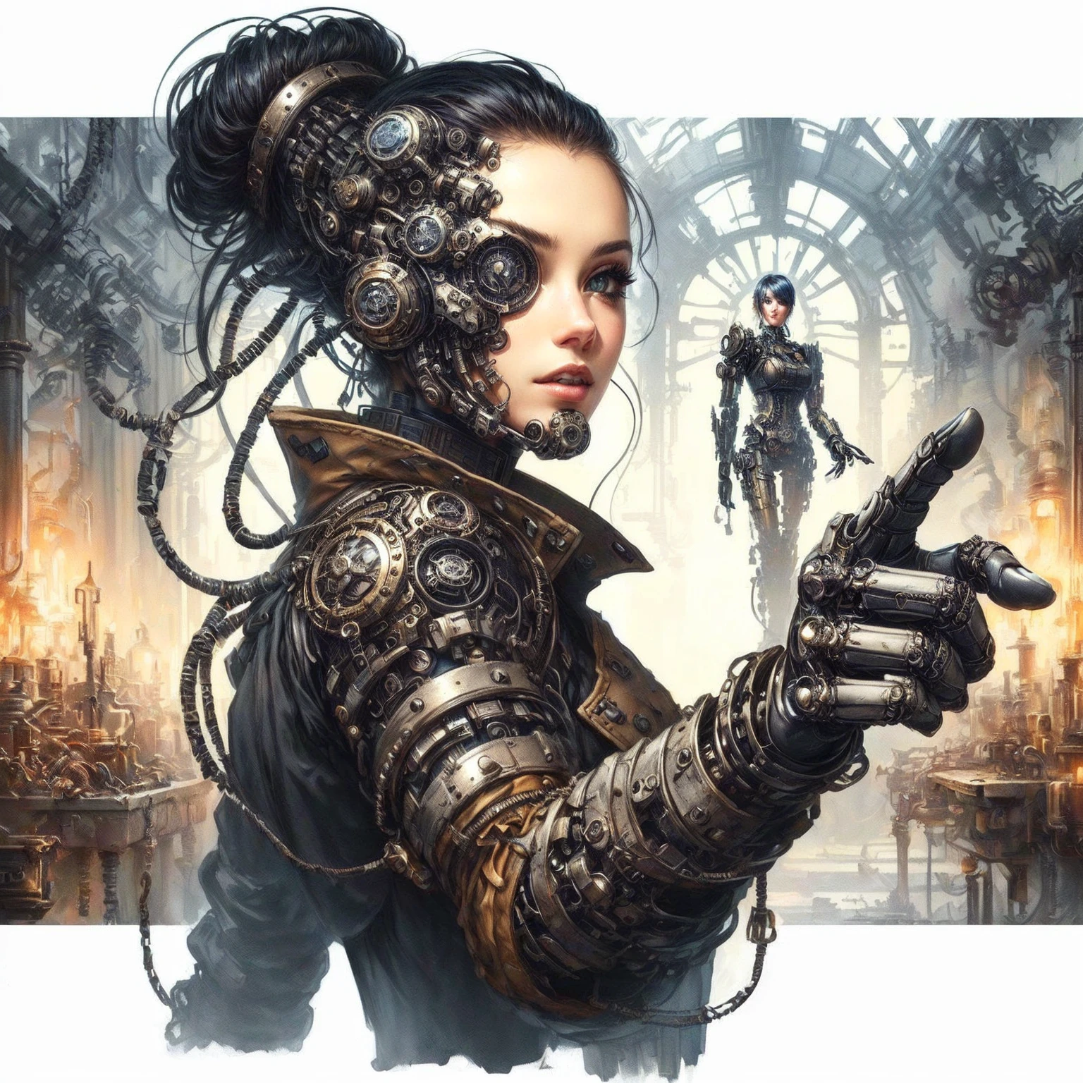 a close up of a woman in a steampunk outfit pointing her finger, cyborg - girl, portrait of a mechanical girl, cyborg girl, cyber steampunk, high quality steampunk art, cybersteampunk, cyborg merchant girl, like lady mechanika, steampunk cyberpunk, cyborg woman, cyborg merchant woman, gothic - cyberpunk, detailed steampunk illustration, steampunk art