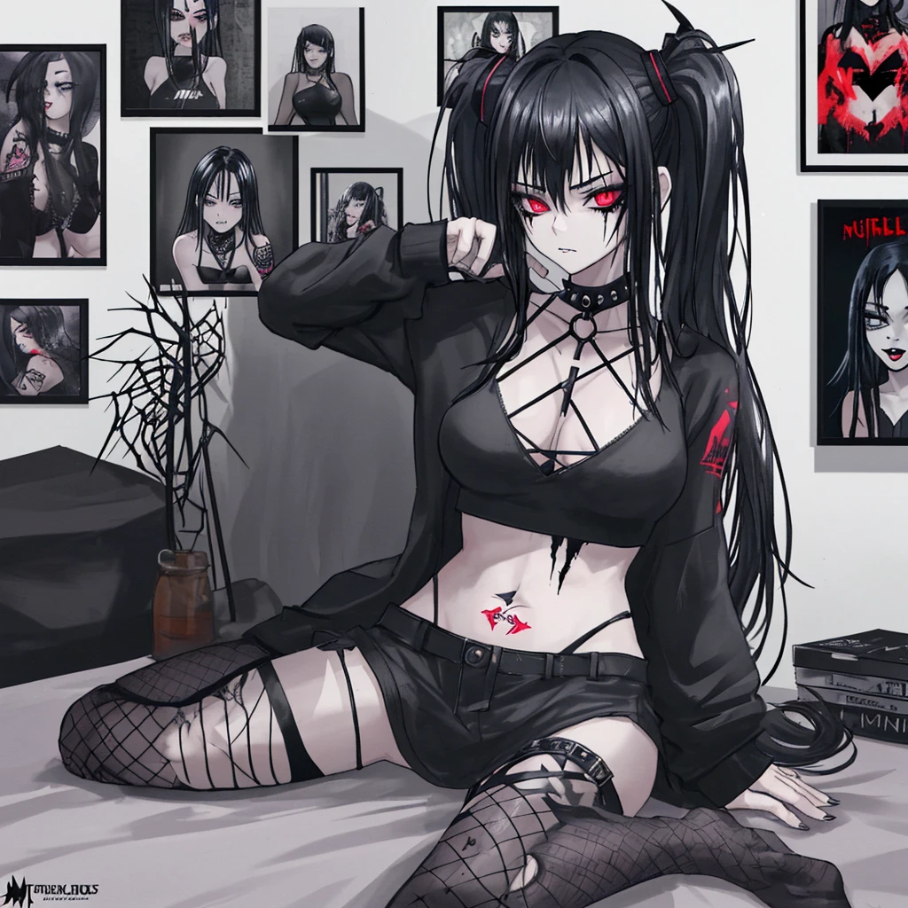 girl with black hair, dressed like a hardcore music lover. Dark colors predominate., torn fishnet stockings, Metallica logo top, black lips and eyes, Tattoos on the body, tsoker with spikes on the neck. She's sitting on the bed, and on the wall behind her are posters of Skarlksrd and Slipknot.. You can feel love and sincerity in her gaze..