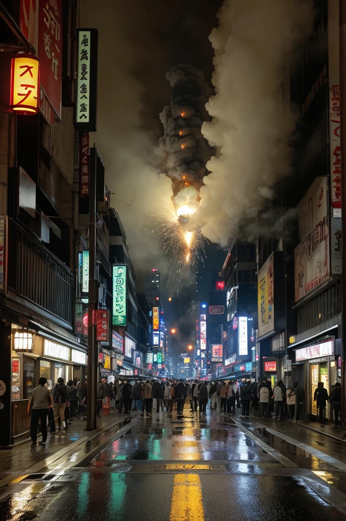 プロンプト: A street in Shinjuku at night, a manhole cover bursting open, spewing forth a thick, greenish smoke. High resolution, 9:16 aspect ratio, emphasizing the suddenness and danger.