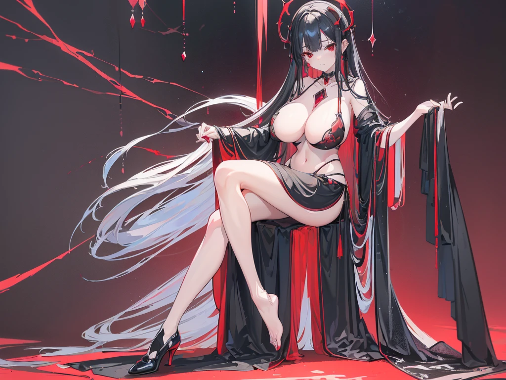 (Exquisite eyes),(Clear and beautiful eyes:1.61),masterpiece, 1 young girl,(Black clothes and some red gems), Black long hair, (She has a huge red gem on her chest), Good Hand,((The Havoc of StarCraft)),full-body shot,Fighting Stance,(Red Eyes:1.466)，short and small,(Very big breasts:1.35),(Pretty Face),(full-body shot:1.33),Beautiful hands