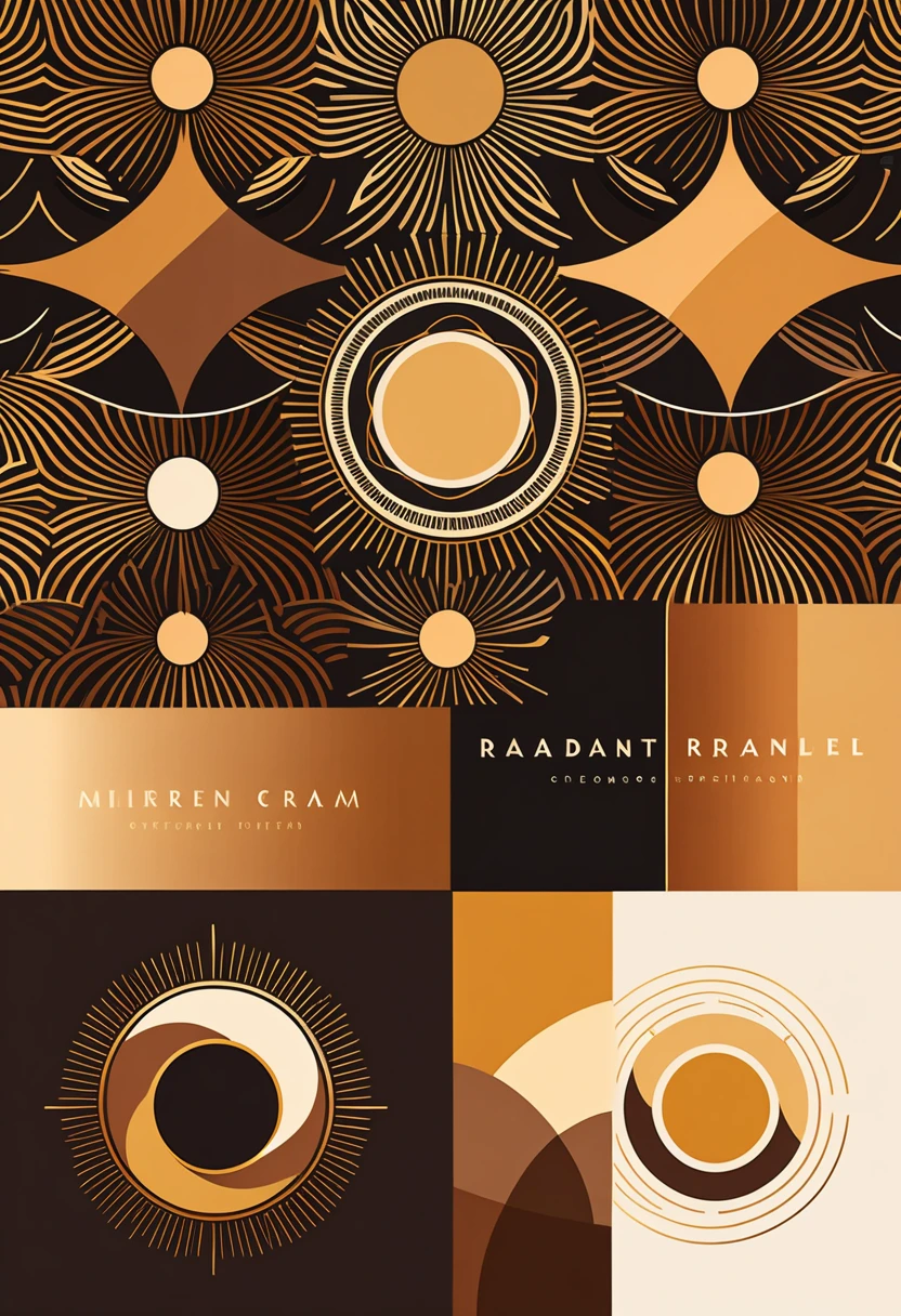 intricate logo design, minimalist modern sleek design, abstract geometric shapes, clean lines, balanced composition, color palette of warm brown and gold tones, radiant sun or water element, smooth seamless repeating pattern, high quality digital illustration, professional branding design